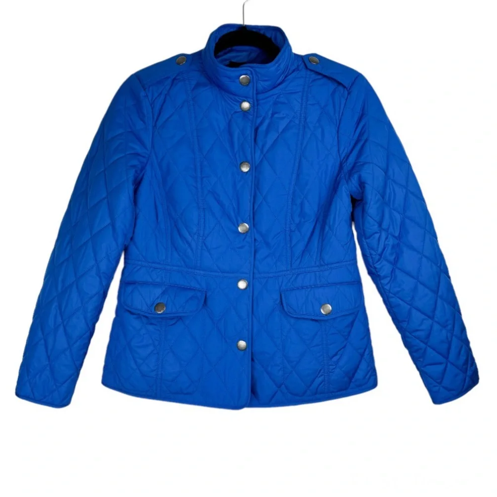 Talbots Diamond Quilted Jacket Sz Petite Cobalt Blue Button Snap Barn Chore